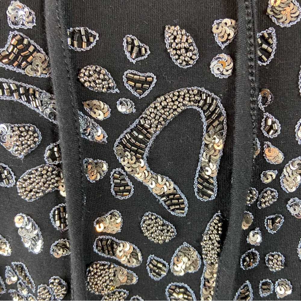 Chico's Zenergy Sz 2 French Terry Black Hoodie Leopard Print Silver Sequin Beads - Picture 8 of 12